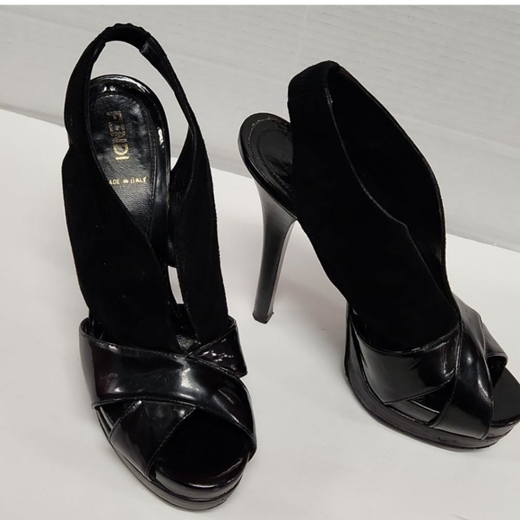 Fendi Black Suede/Patent Peeptoe Platform High Heel Slingback - Picture 2 of 11